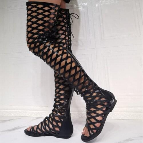 Roman Shoes Black Gladiator Boots Hollow Out Summer Women Over Knee High Boots Flat Heel Sandal Back Zip Lace Up Big Size 47