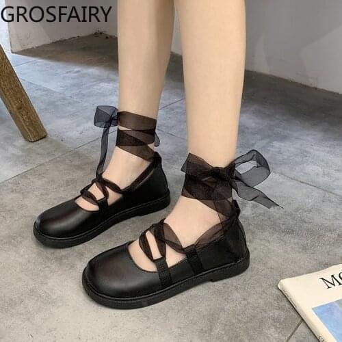 Summer and autumn womens shoes new flat heel round toe shallow mouth single shoes ribbon lace Mary Jane small leather shoes