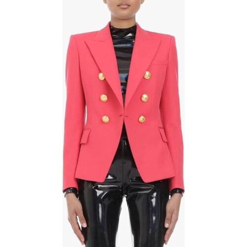 HIGH STREET Classic Baroque Designer Blazer Womens Metal Lion Buttons Double Breasted Blazer Coral Red