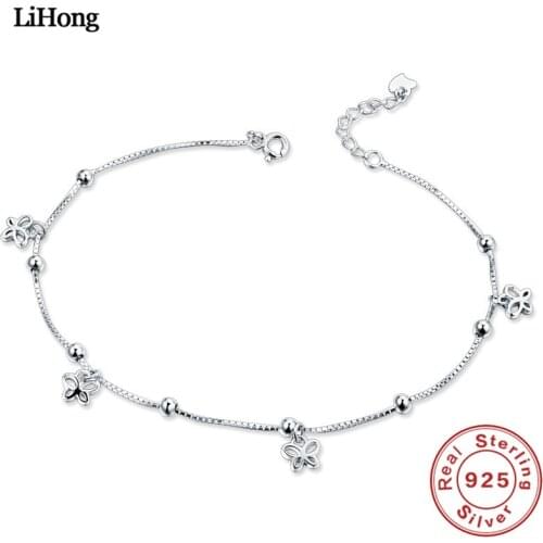 Solid 925 Silver Anklet Women Summer Fashion Trend Butterfly And Heart Shaped Pendant 100% 925 Sterling Silver Anklet Jewelry