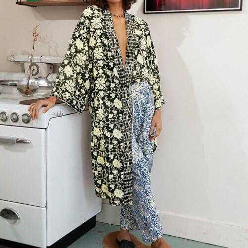 Summer Coverup Swimwear Kimono Long Printing Loose Street Style Short Sleeve Beach Wear Women Chiffon Floral Cover Ups Dresses