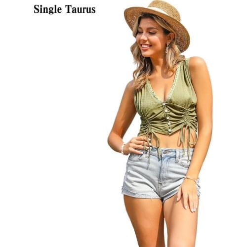 Vest Woman Tops Summer 2021 Sexy V Neck Sleeveless Solid Color Shirring Button Short Length Cropped Top Womens Clothes Tee Shirt
