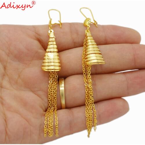 Adixyn Vintage Gold Color Long Thread Tassel Drop Earrings for Women Wedding Geometric Desigh Earring Fashion Jewelry N08189