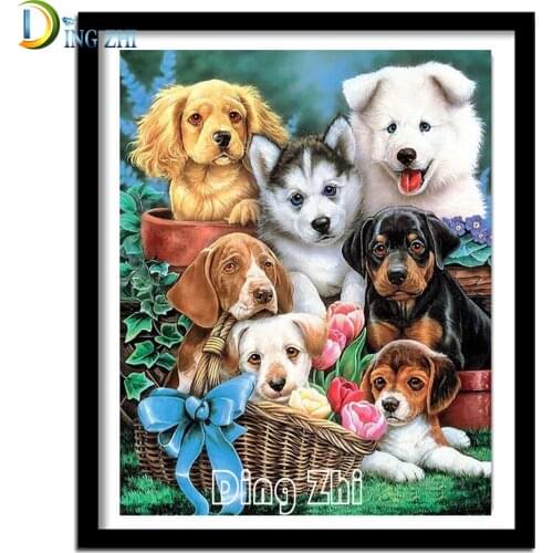 5D Diy Diamond Mosaic Cute Pet Dog Cute Set Diamond Painting Full Square Round Diamond Embroidery Animals Bamboo Basket Gift