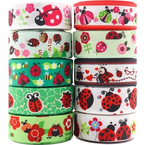 18092704, 7/8" 22MM 10 Yards Ladybug Printed Grosgrain Ribbons DIY Hair Bows Handmade Materials