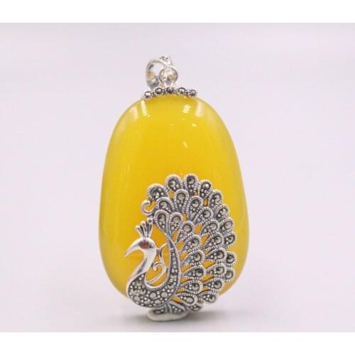 Pure 925 Sterling Silver Pendant 60x35mm Yellow Chalcedony Peacock Pattern Charms For Woman