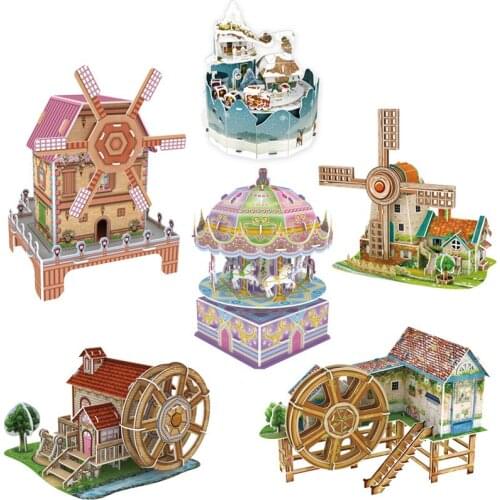 Kids Todder Puzzle 6 Styles Whirligig Holland Windmill Waterwheel Cottage Villa 3D Puzzle With Music Box Montessori Toys Gifts