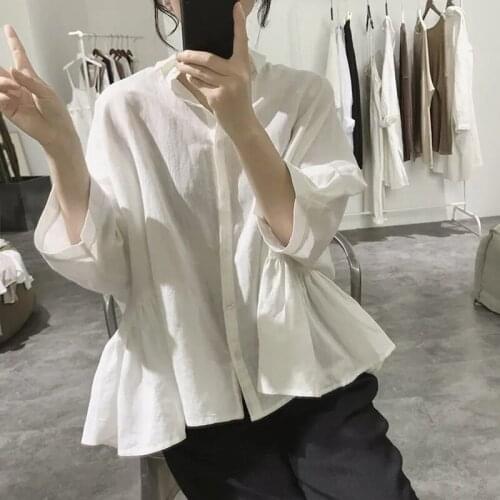 Cotton Linen Women White Shirts Summer Vintage 2021 Loose Ruffles Elegant Female Outwear Coats Tops