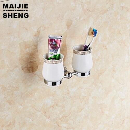 Chrome crystal bathroom double cup holder Cups shelf bathoom shelves metal pendant double cup holder teeth Cup