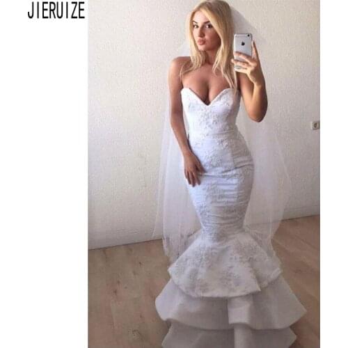 JIERUIZE Satin Mermaid Wedding Dresses Sweetheart Neck Lace Up Back Appliques Tiered Skirt Bridal Dresses robe de mariee