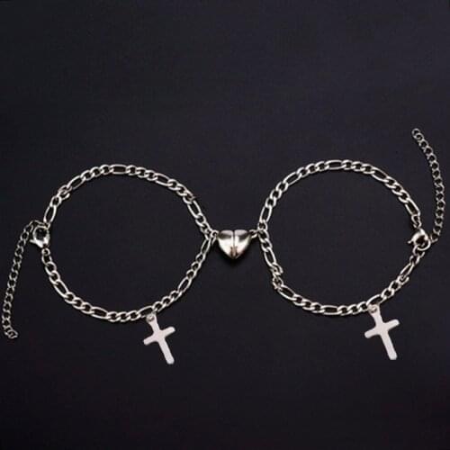 Punk Couple Stainless Steel Cross Heart Shaped Magnet Bracelet Cuban Chain Adjustable Charm Couple Gift
