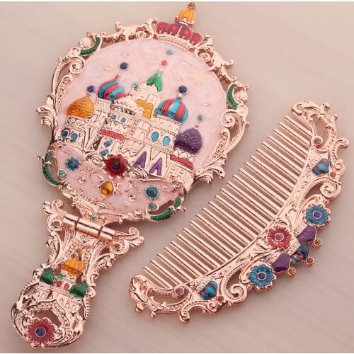 Handle small mirror comb suit retro portable makeup mirror foldable desktop Princess mirror