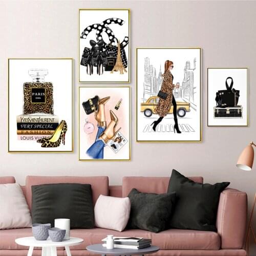 Vogue Girl Bag Ferfume High Heels Book Wall Art Canvas Painting Nordic Posters And Prints Wall Pictures For Living Room Decor