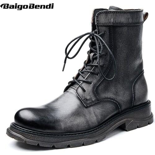 NEW Cool Mens Winter Mid-calf Motorcycle Boots Full Grain Leather Lace Up Trendy Work Boots Man Shoes US Size
