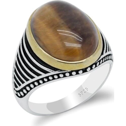 Real Pure 925 Sterling Silver Antique Turkish Tiger Eyes Rings Vintage Stripe Design For Men With Stone Colorful Punk Jewelry