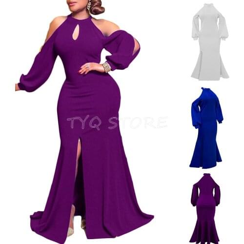 2021 Newest African Women Maxi Dresses High Waist Halter Off-shoulder Split Dress Sexy Banquet Evening Party Prom Floor Length