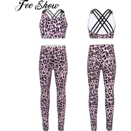 6-14Y Summer Leopard Print Kids Girls Clothes Sets Sleeveless Straps Cross Vest Tops+Long Pants Leggings Gym Sports Yoga Outfits