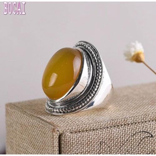 S925 Silver Jewelry Vintage Thai Silver Womens Silver Ring Temperament Plain Inlaid Oval Natural Yellowstone Ring