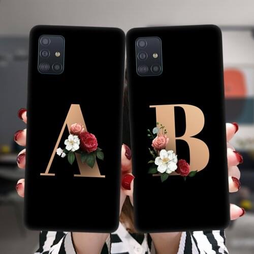 Floral Gold Initial Alphabet Letter Silicone Soft Case For Samsung Galaxy A52 A72 A51 A71 A50 A70 A32 A21S A20 A30 Black Cover