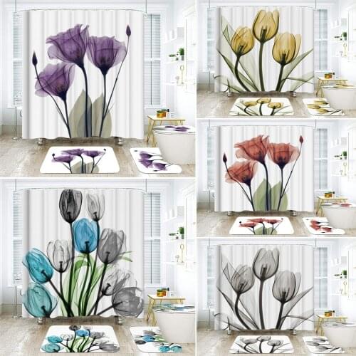 Beautiful Tulip Morning Glory Waterproof Fabric Flower Shower Curtains Bath Sets Toilet Cover Mat Non-Slip Bathroom Home Decor