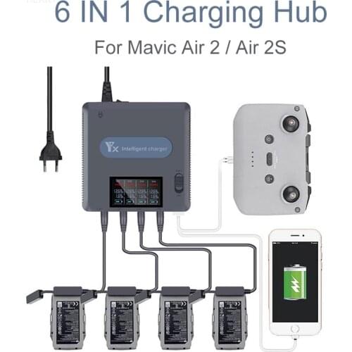 6 in 1 Digital display Battery Charger for DJI Mavic Air 2 /2S Drone Battery Charging Hub Fast Smart Battery Charger with USB