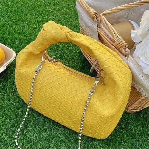 Top Brand Mini Handbag Women Weave Pattern Hand Pouch Ties Design Leather Top-Handle For Girls Crossbody Bag Metal Chain Clutch