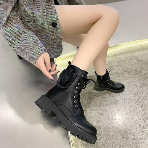 2021 New Platform Combat Ankle Boots For Women Lace Up Strap High Heels Shoes Winter Biker Big Size British Style