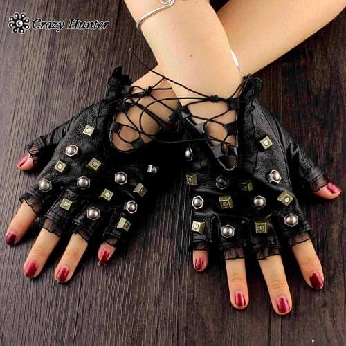 Womens Steampunk Fingerless Lace Up Metal Studded Gloves Biker Goth Gloves