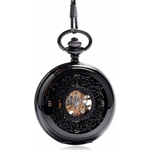 10pcs/lot Hot Sell Luxury Hollowed Black Carving Mechanical Pocket Watch Vintage Black Dial Hand Wind Pocket Watch Wholesale