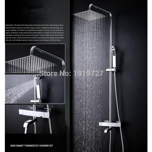 100% Solid Brass Factory Direct Wall Mounted Chrome Square Style Bathtub Thermostatic Mixer Faucet Set Handheld Shower