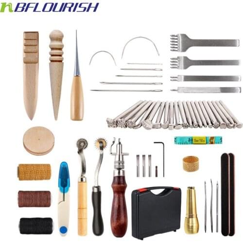 59PCS Leather Tool Set Carving Punching Hole Cutting Knife Manual Suture Needle Gas Eyes Burnish Peeling Edge for Leather Belt