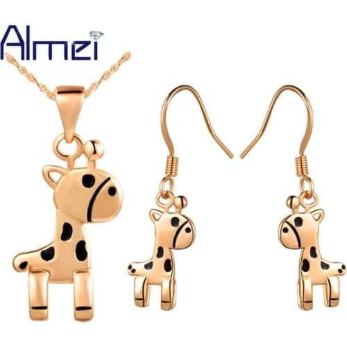 Almei Dubai Cheap Rose Gold Color Animal Costume Jewelry Set for Women Cute Deer Pendant Necklace Earrings Jewellery Sets T254