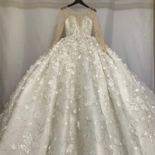 Arabic Wedding Dresses Lace Appliques Beads Ball Bridal Gown Long Sleeves 3d Flowers Cathedral Royal Train Vestido De Novia