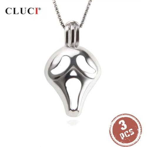 CLUCI 3pcs 925 Sterling Silver Painful Face Shaped Halloween Pendant Jewelry For Women Real Silver Pearl Cage Locket SC323SB
