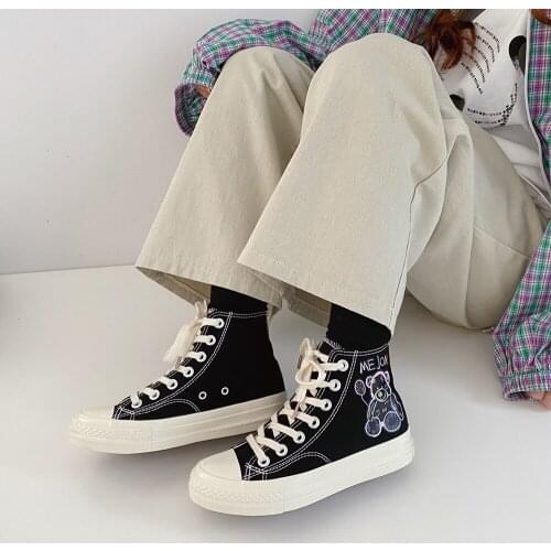 Design Women Canvas Shoes Student Casual Bear Print Sneakers Cute Graffit Platform Shoes For Girls Soft High Top Sneakers