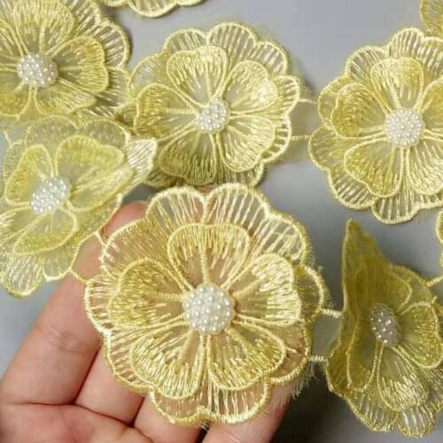 10x Yellow Pearl Handmade Beaded Flower Embroidered Lace Trim Ribbon Double Layered Applique Dress DIY Sewing Craft New