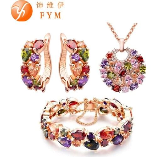 FYM Luxury Mona Lisa Multicolor Crystal Necklace Ring Earrings Rose Gold Color Jewelry Sets for Women Colorful Jewelry Set