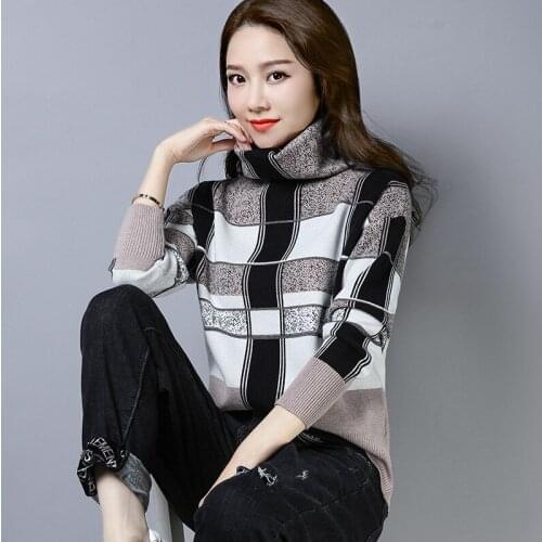 Bust 106cm)Ms outfit new pullovers Female heaps collar loose render unlined upper garment sweater long-sleeved grid tide