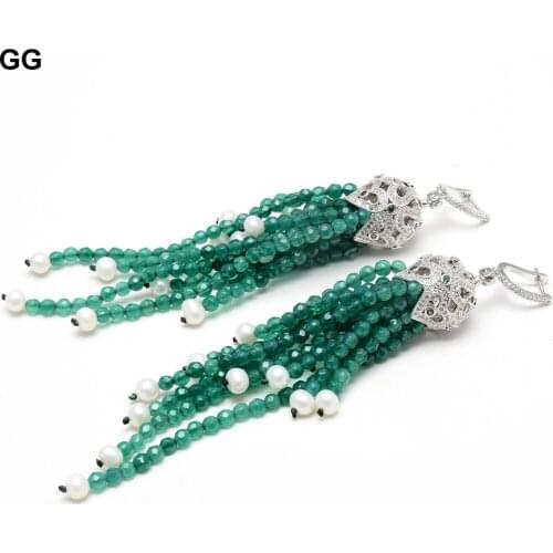 GuaiGuai Jewelry Natural White Pearl Green Faceted Round Agates CZ Pave Dangle Earrings Cute For Women