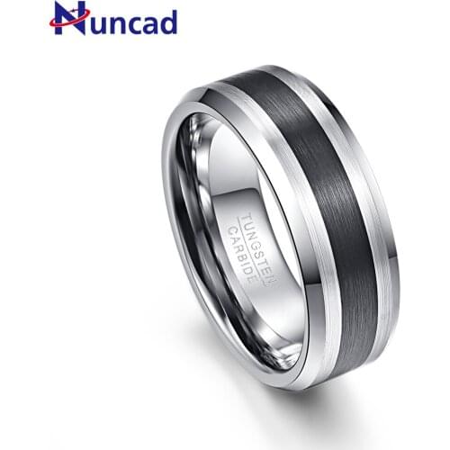 NUNCAD Tungsten Carbide Ring 8MM Mens Ring Brushed Finish and Black Center Beveled Edge Size 5 to 14 Wedding Engagement Ring