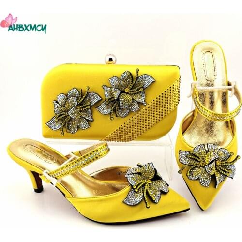 2022 Spring New Arrivals Italian Design Shoes and Bag Set in Yellow Color High Quality Pumps with Shinning Crystal for Party