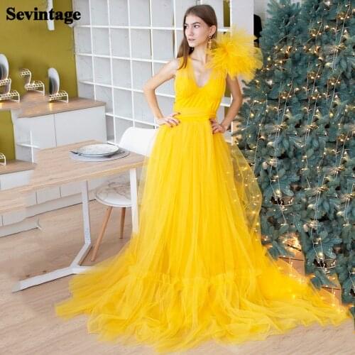 Sevintage Yellow Long Prom Dress Ruched Tiered Tulle Evening Dresses Lace Up Back Princess Women 2021 Party Gowns Plus Size