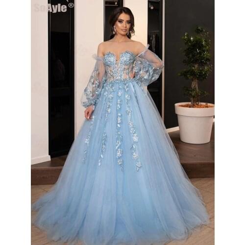 SoAyle Evening Dress Ball Gown Sweetheart Blue Appliques Beading Lace Evening Dress 2020 Long Sleeves Vestido de Festa