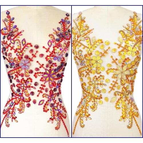 HAND Made Sewing Sequin Rhinestones Crystals Clothes Wedding Patch Patches Appliques For Sew on Dance Costume 30x55cm Yellow Red