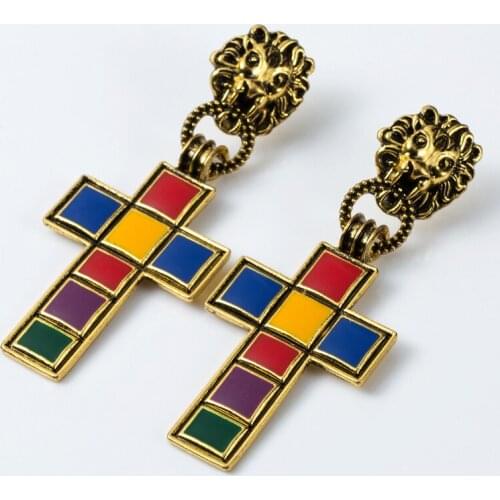 Vintage New Fashion Colorful Enamel Cross Drop Earrings Gold Tone Domineering Lion Earrings For Women Brand Jewelry