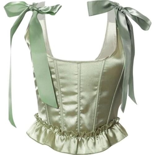 Y166 Women Satin Tie Up Bow Strap Crop Top Ruffles Solid Color Boned Corset Camisole