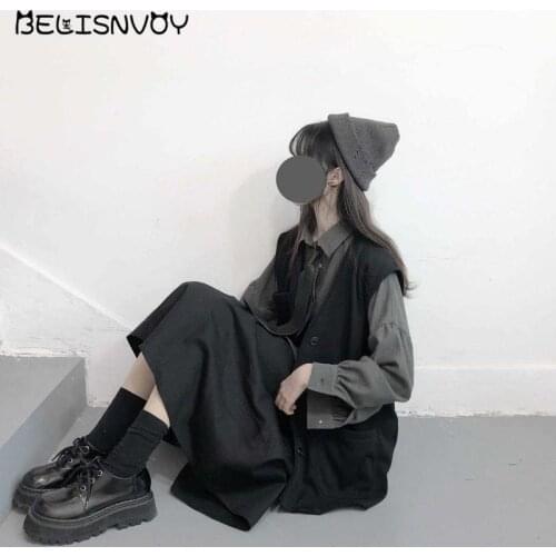 2021 Spring Autumn Suit Women Preppy Korean Loose Long-sleeved Shirt + Vest + Elastic Waist Skirt College Style Three-piece Suit