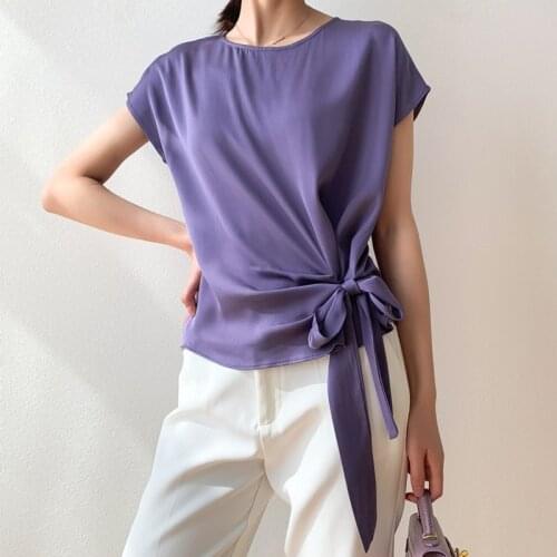 Womens 19 momme 93% Mulberry Silk 7% Spandex bow-tied buttom crew neck Top Blouse short sleeves solid colors M L XL MM022