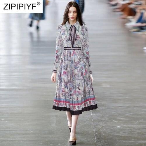 2021 Summer Runway Fashion Hollow Out Bow Design Polo Neck High Waist Long Sleeve Floral Printing Single-Breasted Dresses Z123
