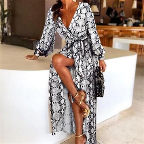 New Fashion Womens Sexy V-Neck Leopard Printed Long Sleeve Dresses Ladies Summer Snake Skin Print Party A-Line Sexy Split Dress